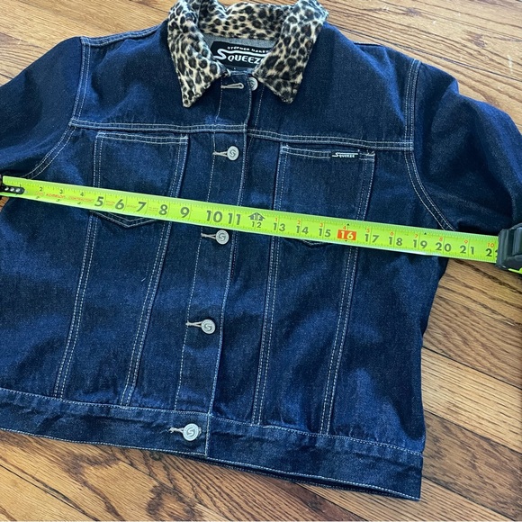 🎉HP!!🎉 Squeeze Stephen Hardy Y2K Faux Leopard Trim Jean Denim Jacket Women’s L - Picture 5 of 9
